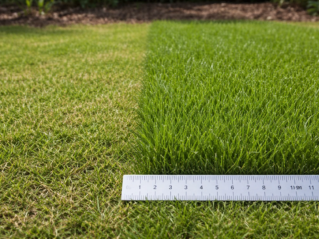 Close-up van gemaaid gras met meetlat: links te laag, rechts juiste maaihoogte (4–6 cm).