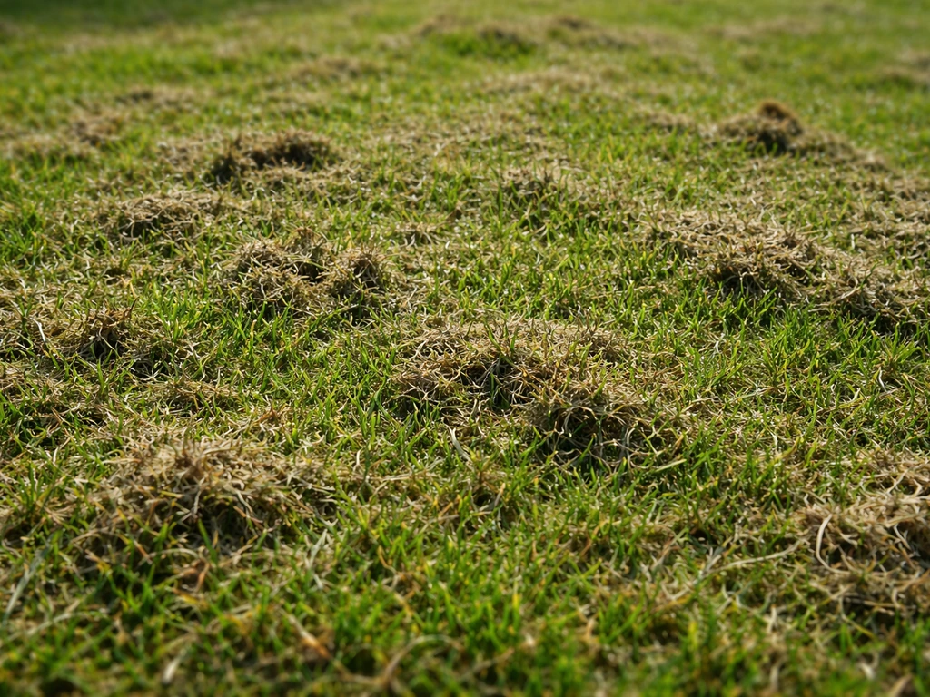 Doff, plat maaisel en kleine kluitjes gras die op een ongelijk gazon blijven liggen, met weinig lucht naar beneden.