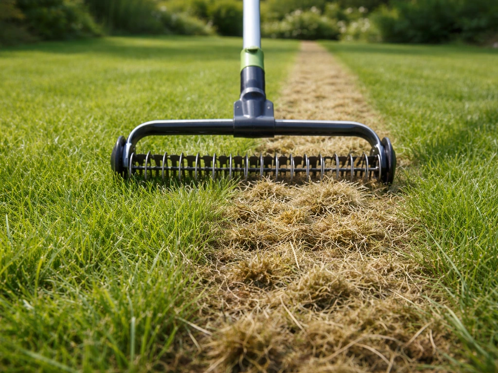 Verticuteerhark in een gazon dat opengewerkt is met zichtbare viltlaag die loskomt.