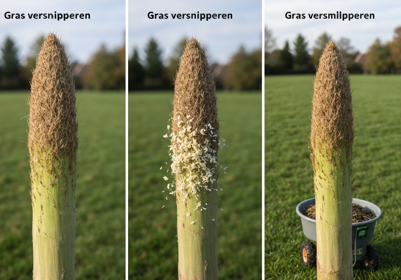 Drie eenvoudige tuin-tafereeltjes rond gazononderhoud: mulchen, kort uitmaaien en opgevangen maaisel op een kar
