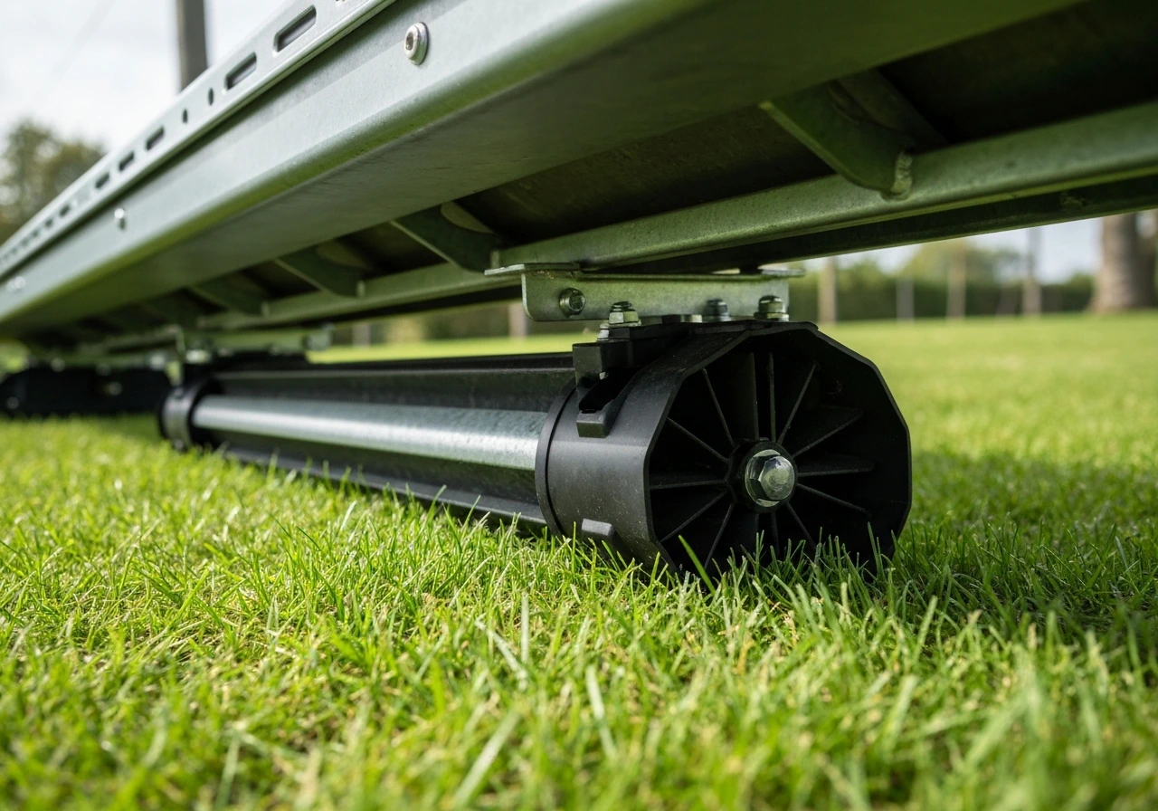 Close-up van een gazonmaaier met mulchplug en zichtbare maaimessen onder een maaikap, in een rustige tuinomgeving.