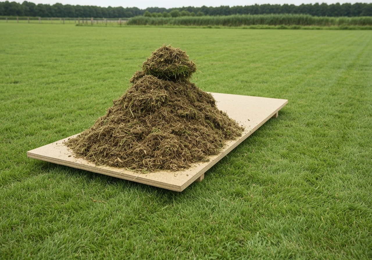 Droog gazon net gemaaid; fijnmaaisel ligt zichtbaar als mulch op het gras na de beurt.