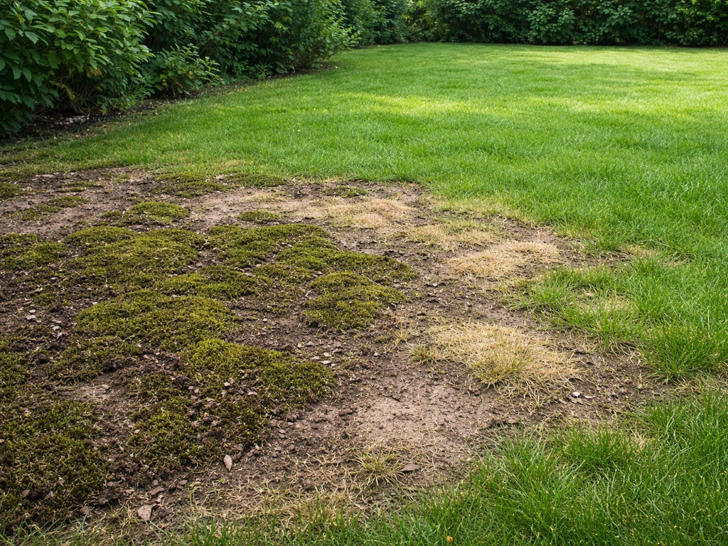 Gedeeltelijk hersteld Nederlands gazon met mosplekken, kale en gele plekken naast gezond groen gras.