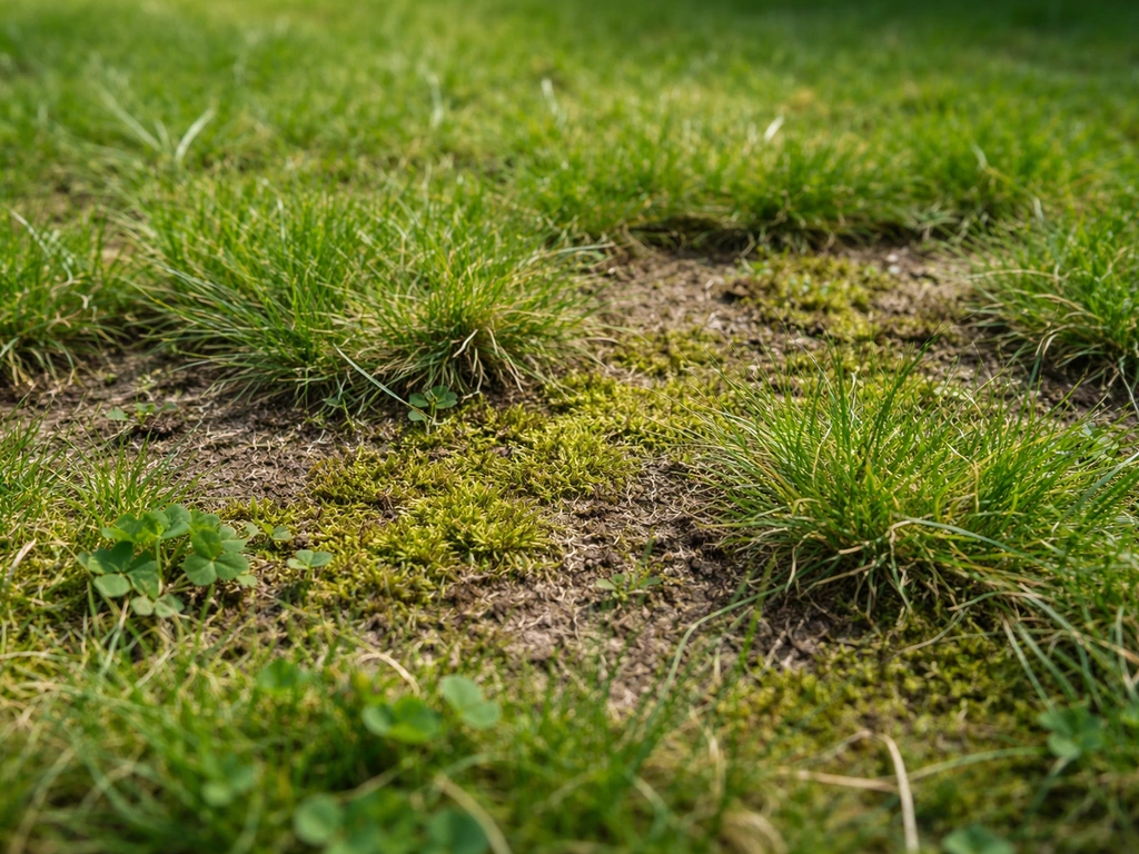 Close-up van mos in de grasmat met verzwakte pollen en kale plekjes.