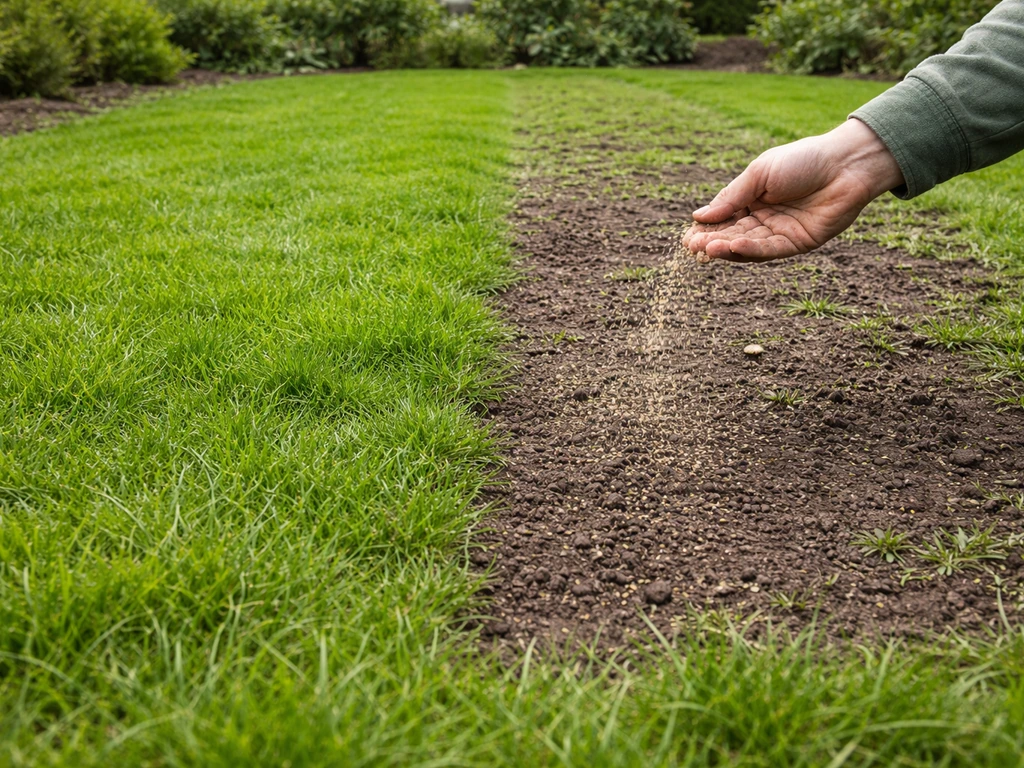 Gazon met kale zone en deels ingezaaid/bedekt deel, met een hand die graszaad of grond aanbrengt.