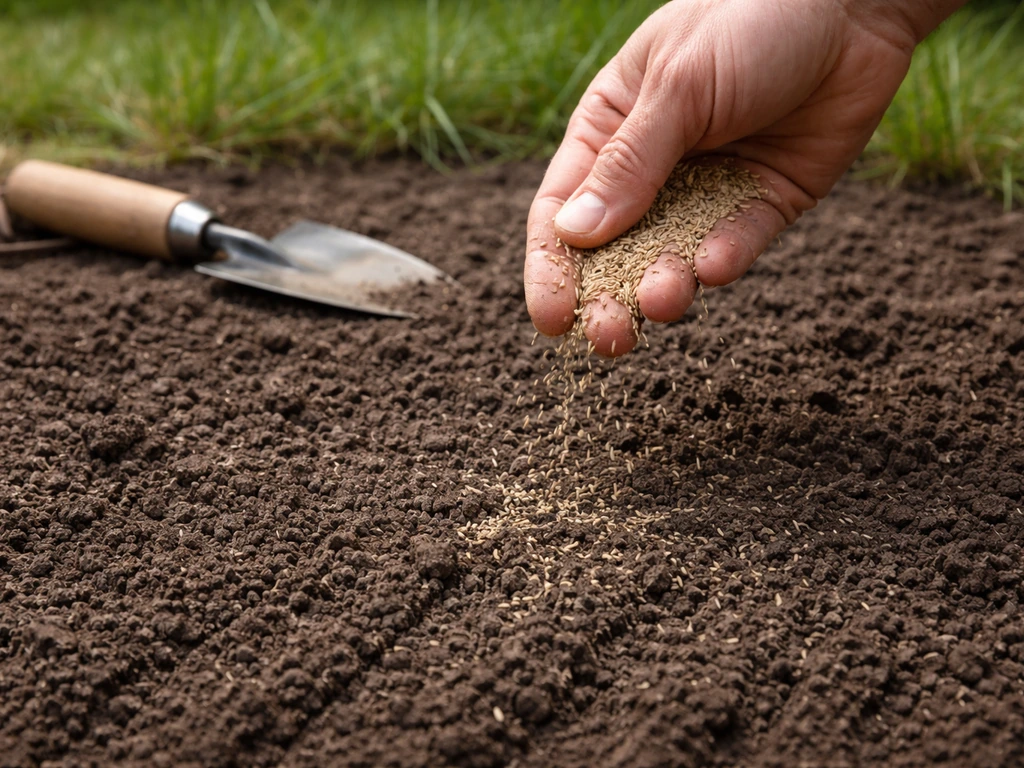 Close-up van losgemaakte grond waar graszaad wordt uitgestrooid voor doorzaaien