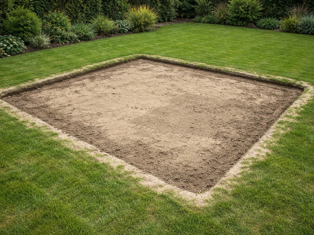 Tuin met losgescheurd gazon; afgebakende kale plekken klaar voor inzaaien met open grond en zand