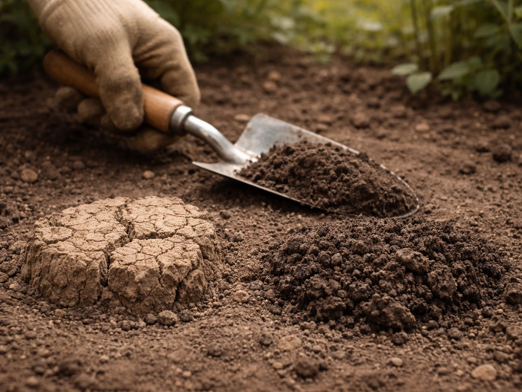 Links een kurkdroge harde kluit, rechts vochtige kruimelige bodem naast een open tuinschep in een tuinbed.