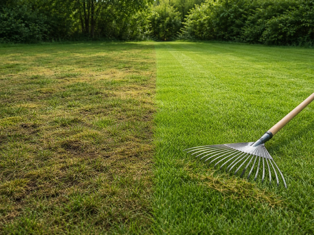 Links grasvilt en mos, rechts net geharkt gazon in een Nederlandse tuin, met hark in beeld.