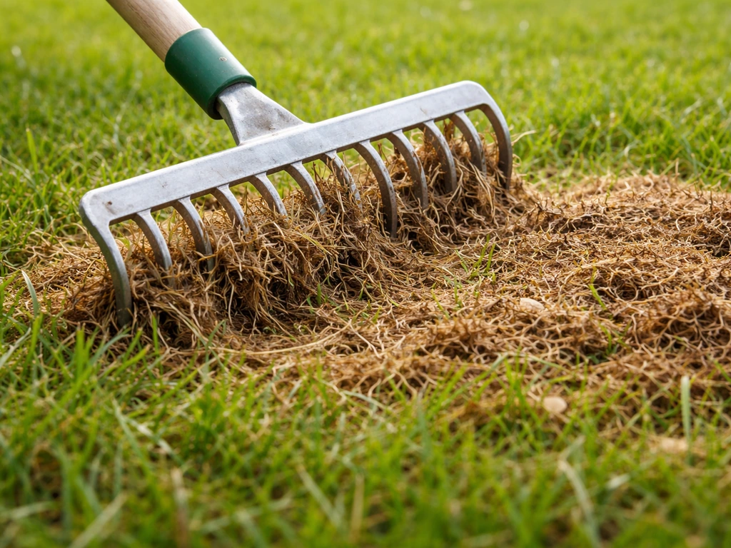 Close-up van grasvilt dat met een hark loskomt uit het gazon, met daarnaast een ongelijkmatig stukje dat blijft liggen.
