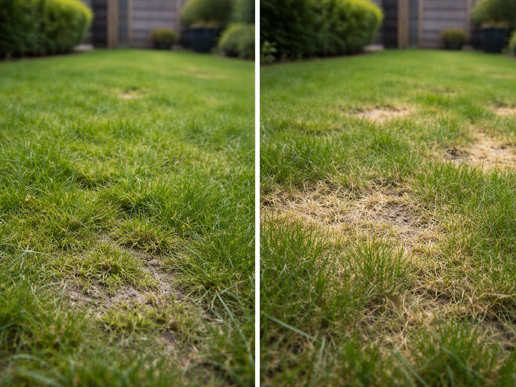Zij-aan-zij foto van gazon: links mos, rechts kale plekken en geel gras.