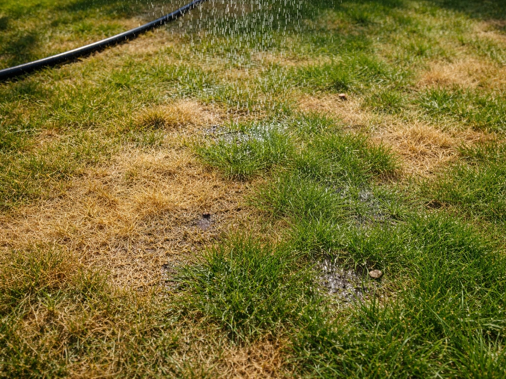 Bovenaanzicht van een gazon met droge bruine plekken en waterdruppels van een beregeningsslang die herstel start.