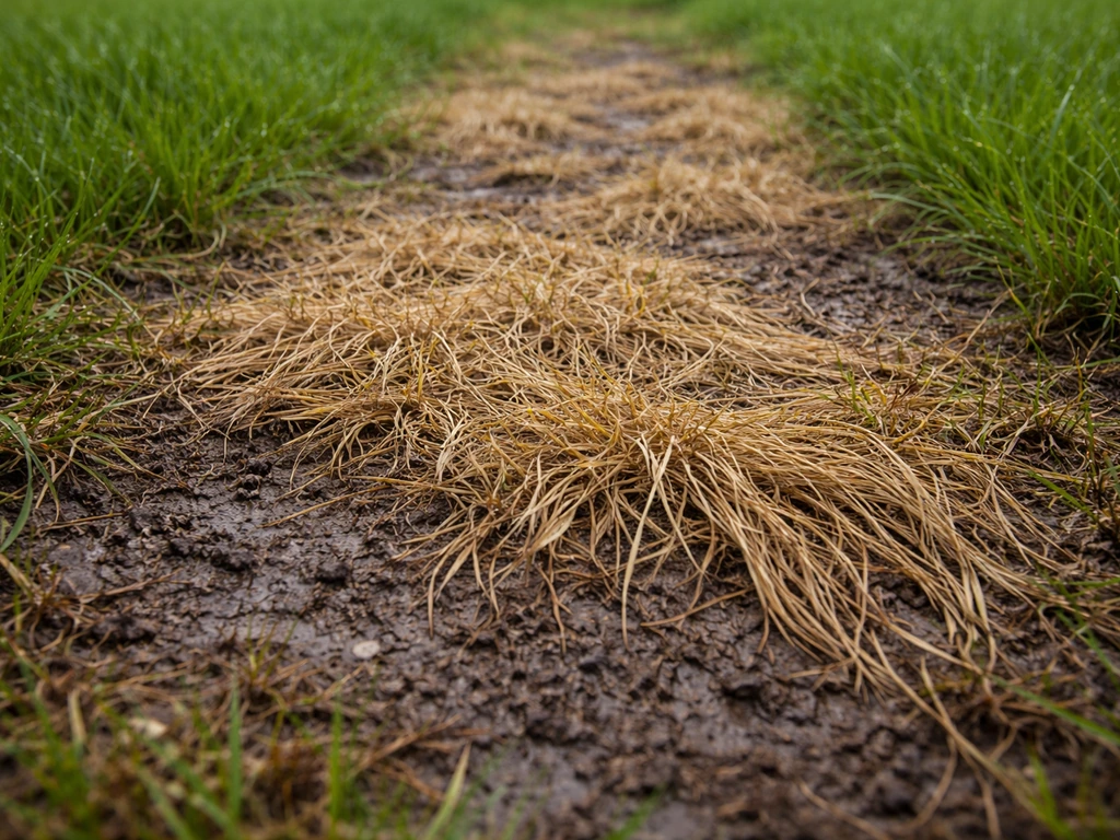 Close-up van vergeeld gras dat na regen niet terugkomt, met contrast van nog groene plukjes links en rechts.