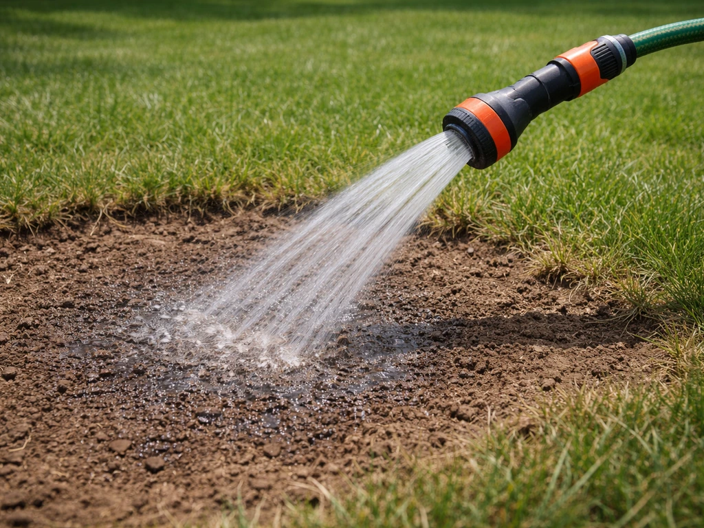 Gerichte waterstraal van tuinslang op een droge kale plek in het gazon, met zichtbare grond en grasrand.