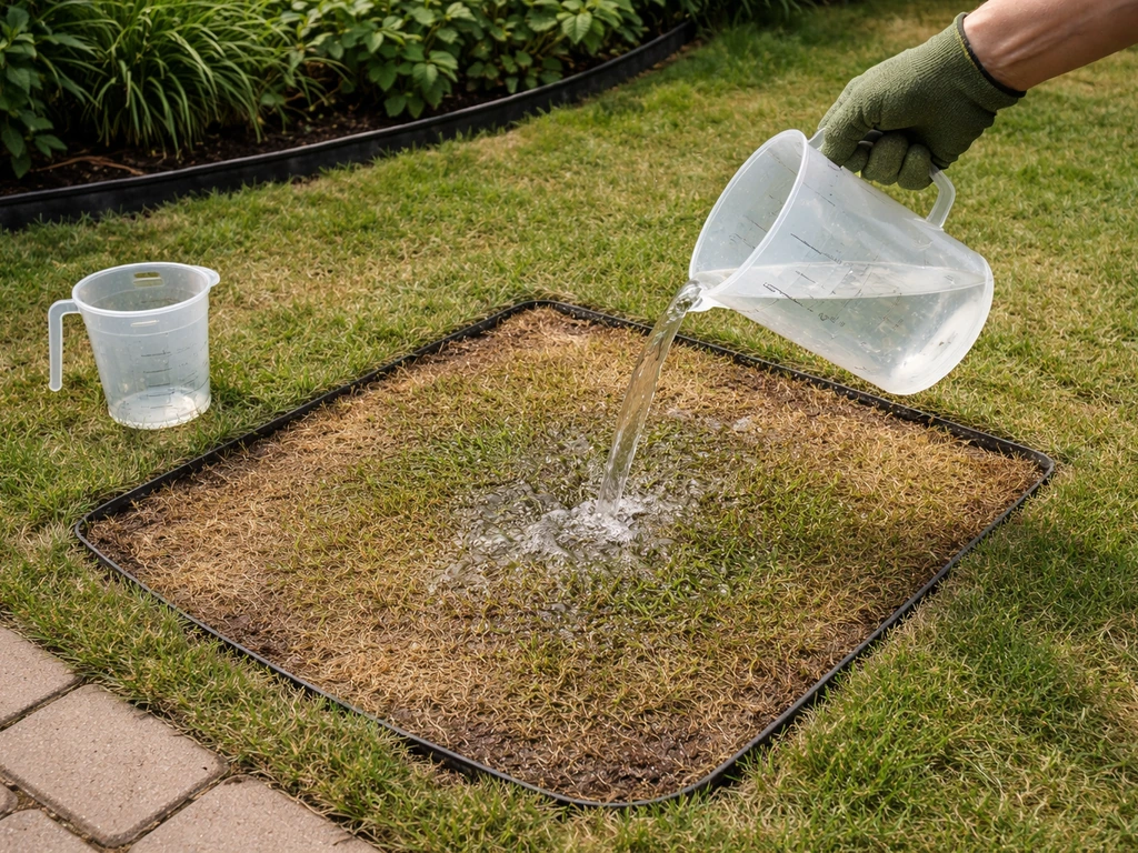 Hand giet afgemeten water op een afgebakend m² gazon in een Nederlandse tuin