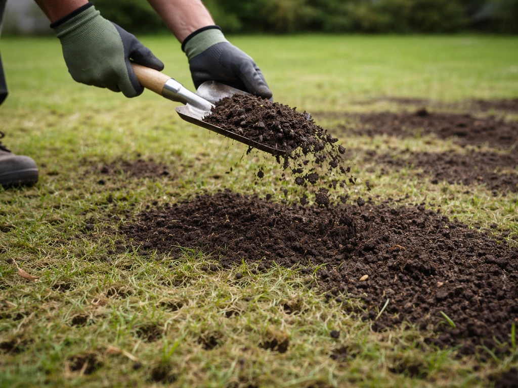 Dunne laag rijpe compost/topdressing over geventileerd gazon, met zichtbare beluchte grasmat.