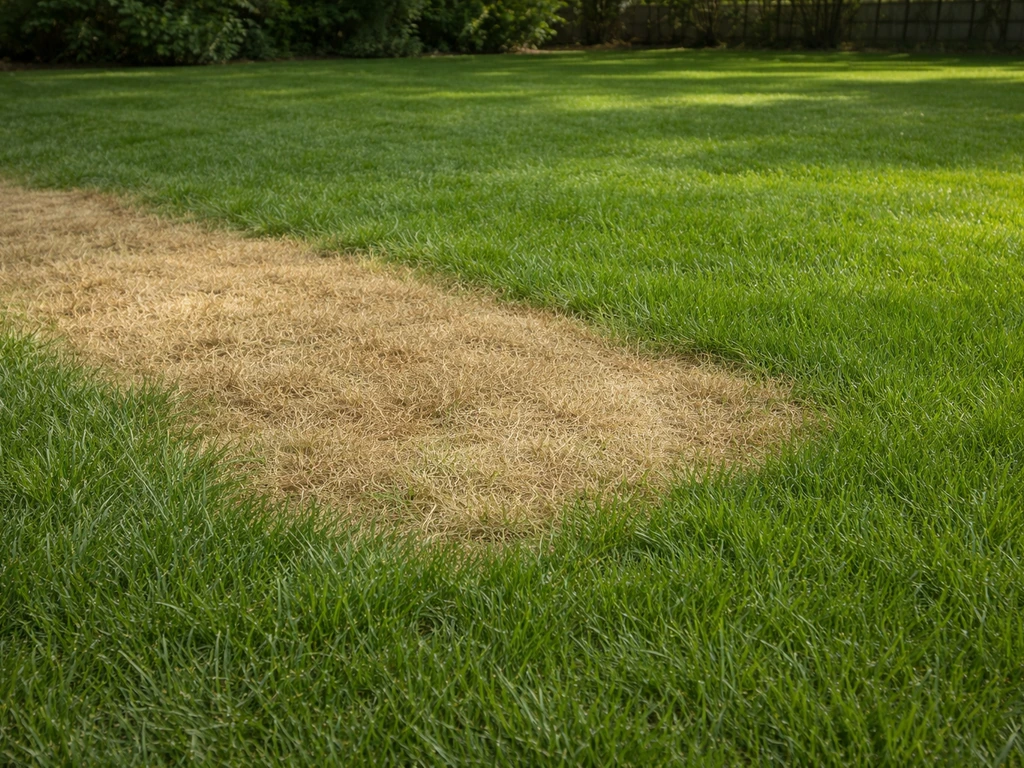Tuin met een groen gazon en een duidelijk dode, behandelde grasplek ernaast, als voor/na effect