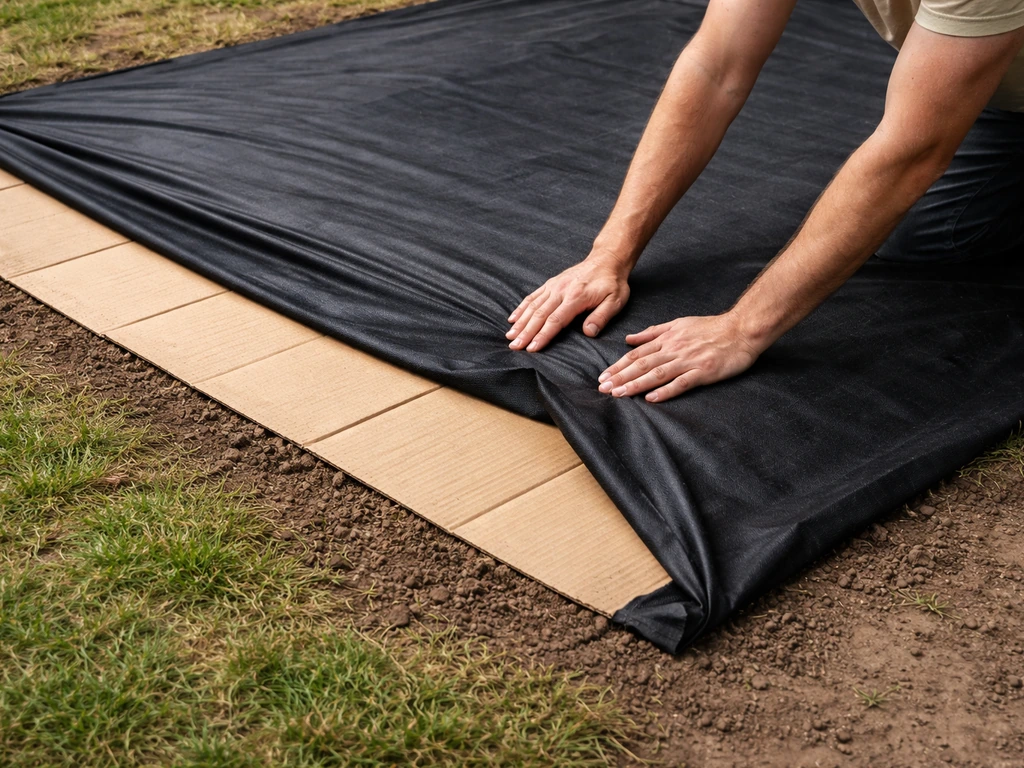Handen leggen karton en zwarte afdekfolie op een stuk gras in de tuin om licht te blokkeren.