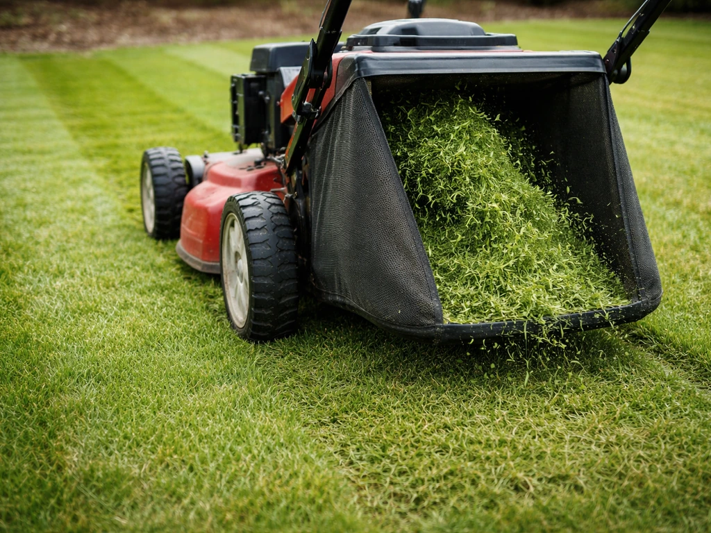 Tuin met kort gemaaid gras en een gazonmaaier met opvangzak die maaisel afvoert