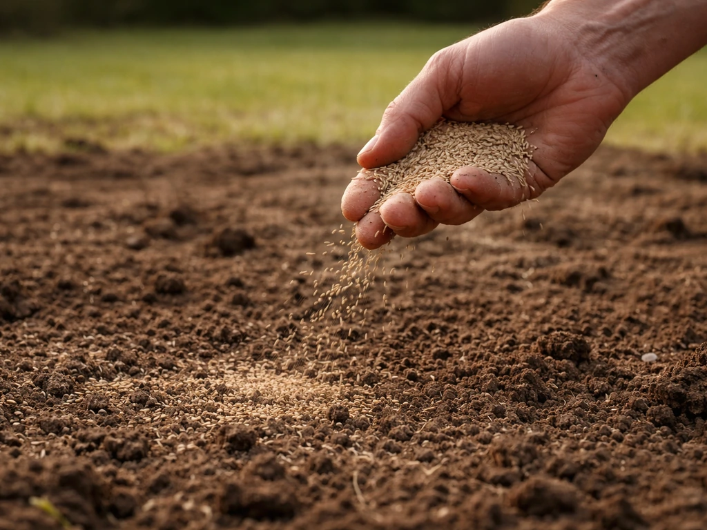 Handen die graszaad uitstrooien op opengemaakte, voorbereide gazonbodem na het doodmaken
