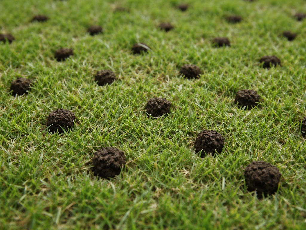 Close-up van gras met kleine beluchte gaatjes door prikken in een gazon