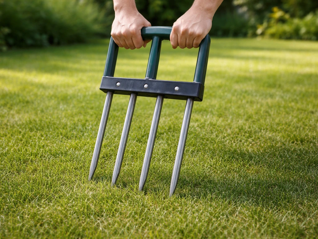 Hand met beluchtingsvork boven kort gemaaid gazon, in een rustige tuin onder natuurlijk licht.