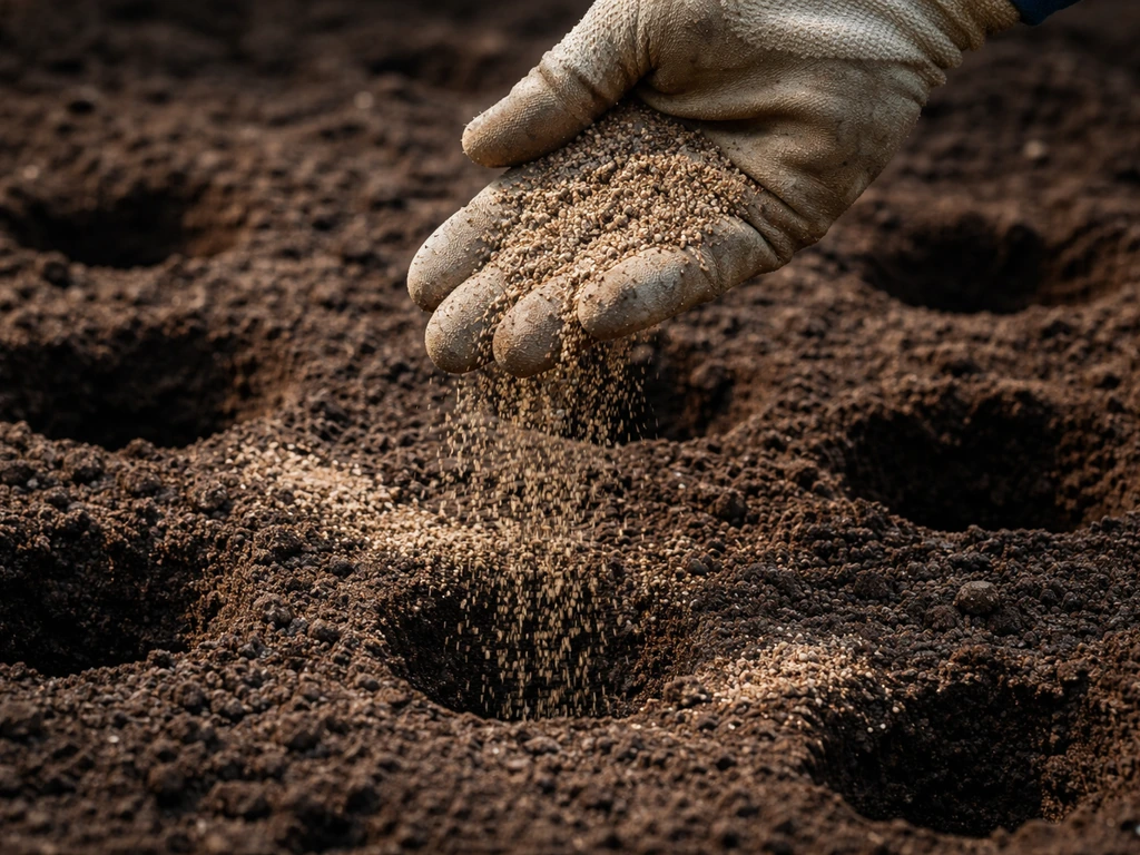 Close-up van iemand die fijn zand of compost als dun laagje tussen nieuwe gaten in de tuin verdeelt.