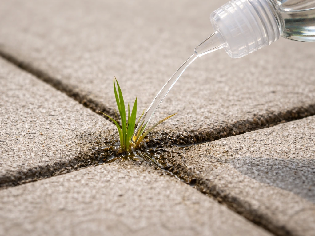 Huishoudazijn die uit een spuitmond op een grasspriet in een voegennaad wordt gespoten