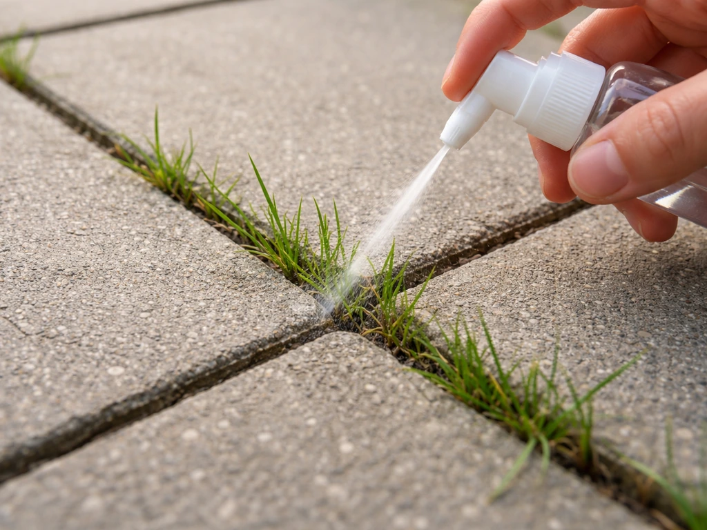 Smalle spuitmond die met azijn in een voegenrand tussen tegels wordt gespoten, met zichtbaar gras ertussen.