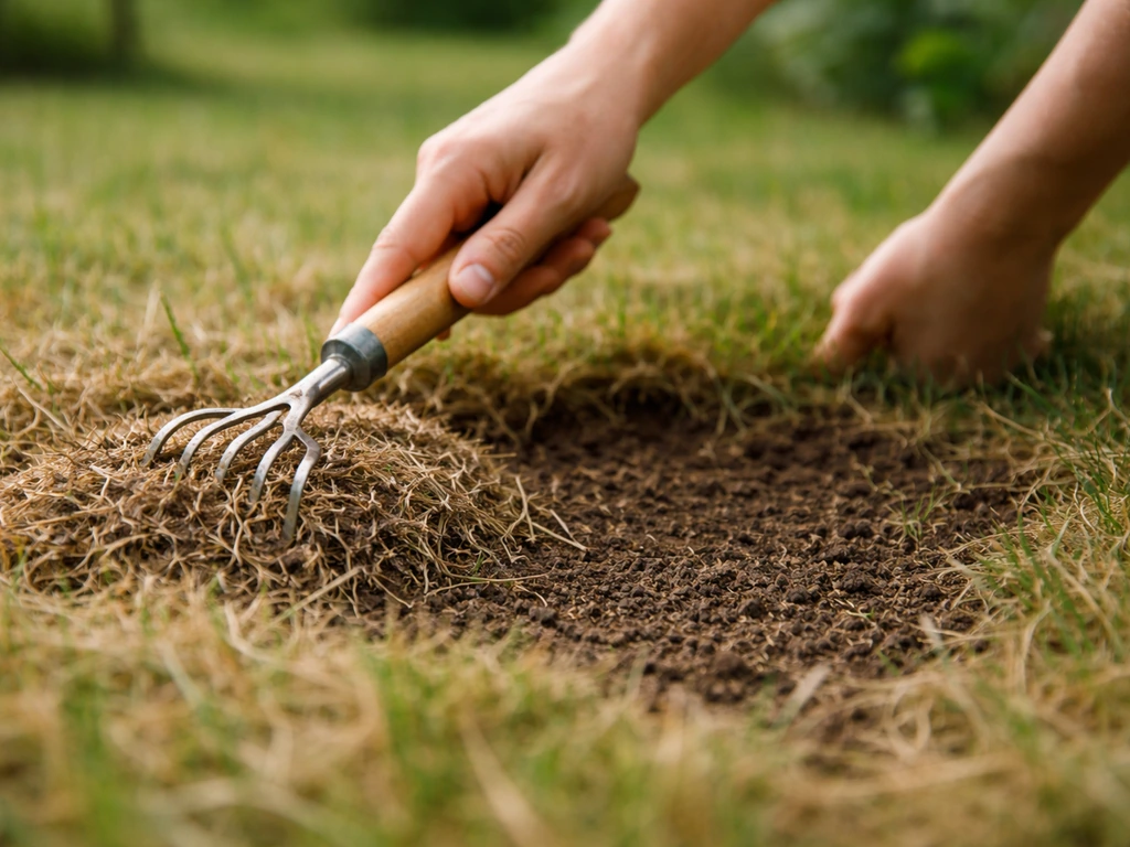Handen die met hark/borstel dode grasresten uit een kaal stuk gras verwijderen voor herstel