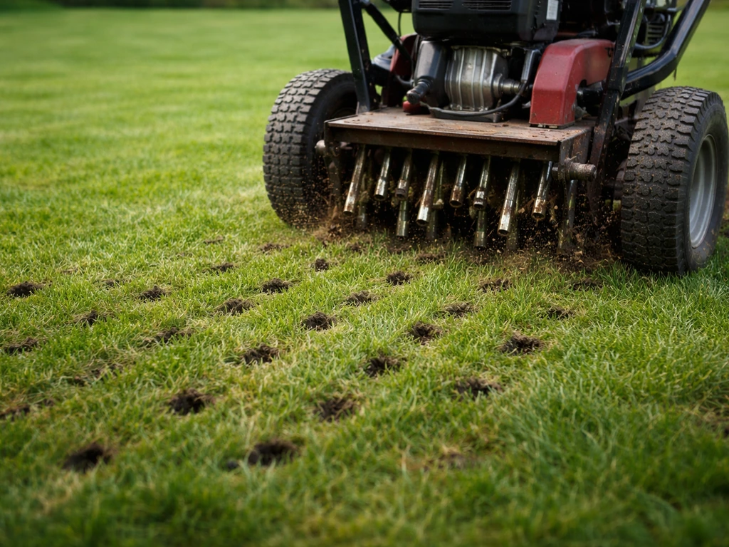 Beluchtingsmachine maakt prikgaten in een gazon met fris groen gras en minder mos, in natuurlijk daglicht.