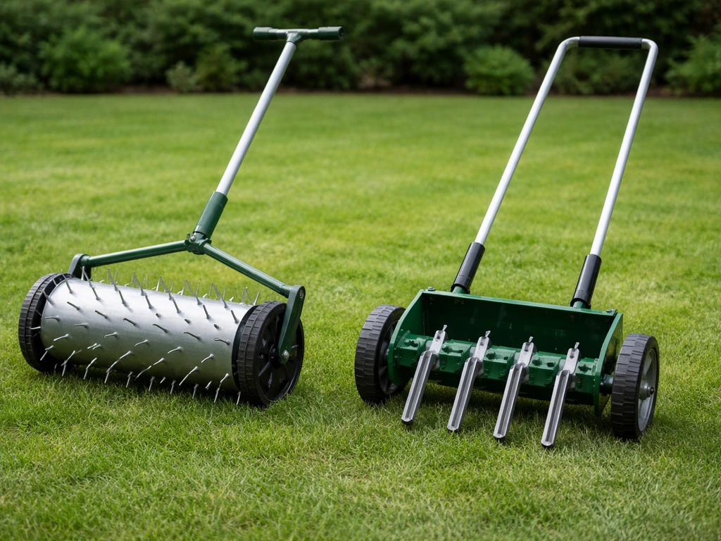 Prikbeluchtingsroller met vaste pennen naast een kernbeluchtingsmachine met holle pennen op gras