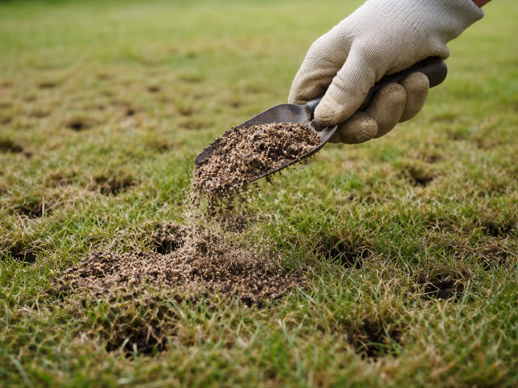 Gazon met net geventileerde gaatjes terwijl een tuinier compost-zandmengsel dun uitstrooit.