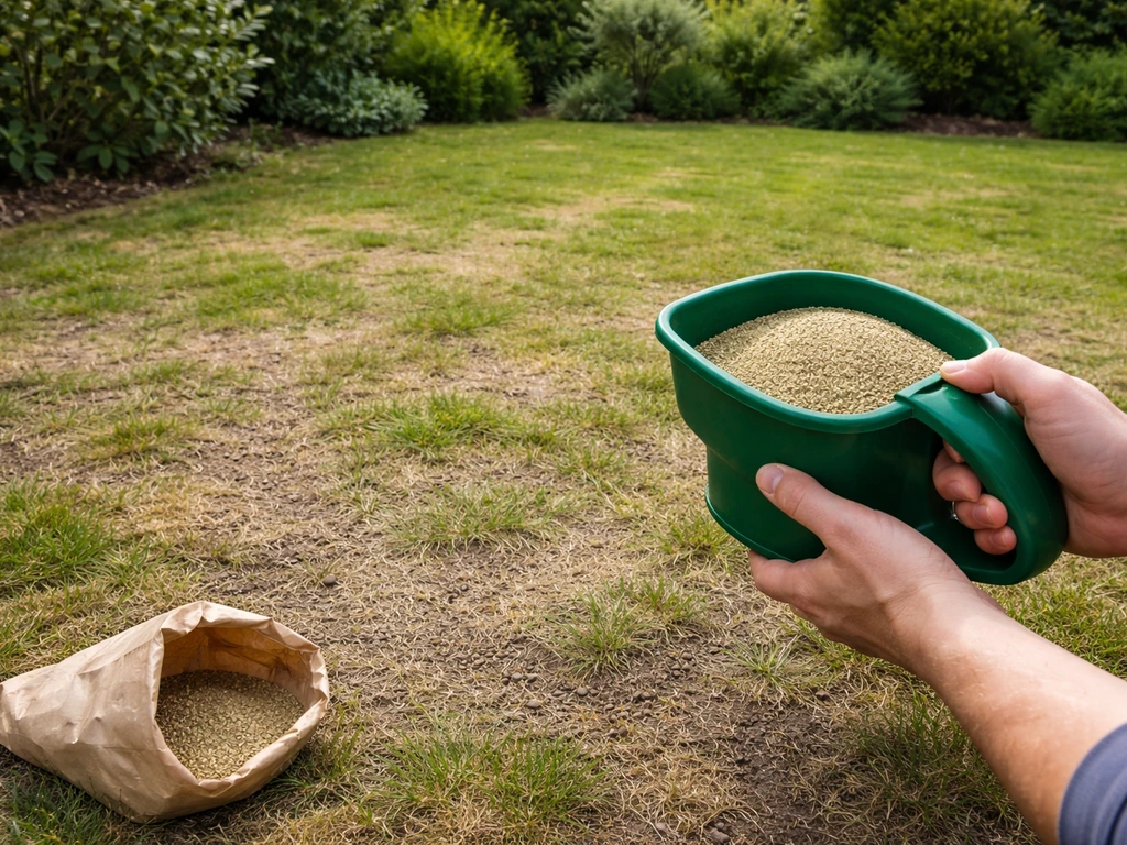 Anonieme handen met graszaad bij kale plekken in een NL-gazon, klaar om wild gras te sproeien en in te zaaien.