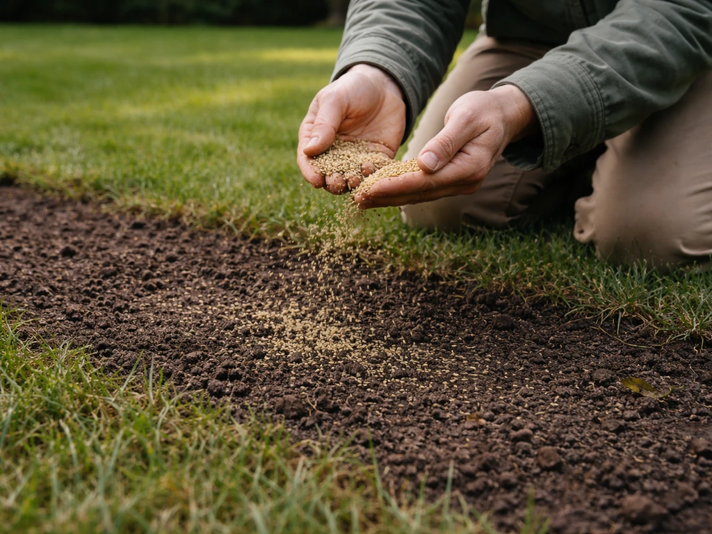 Iemand die herstelzaaigoed (graszaadmengsel) uitstrooit op kale grond in een Nederlandse tuin