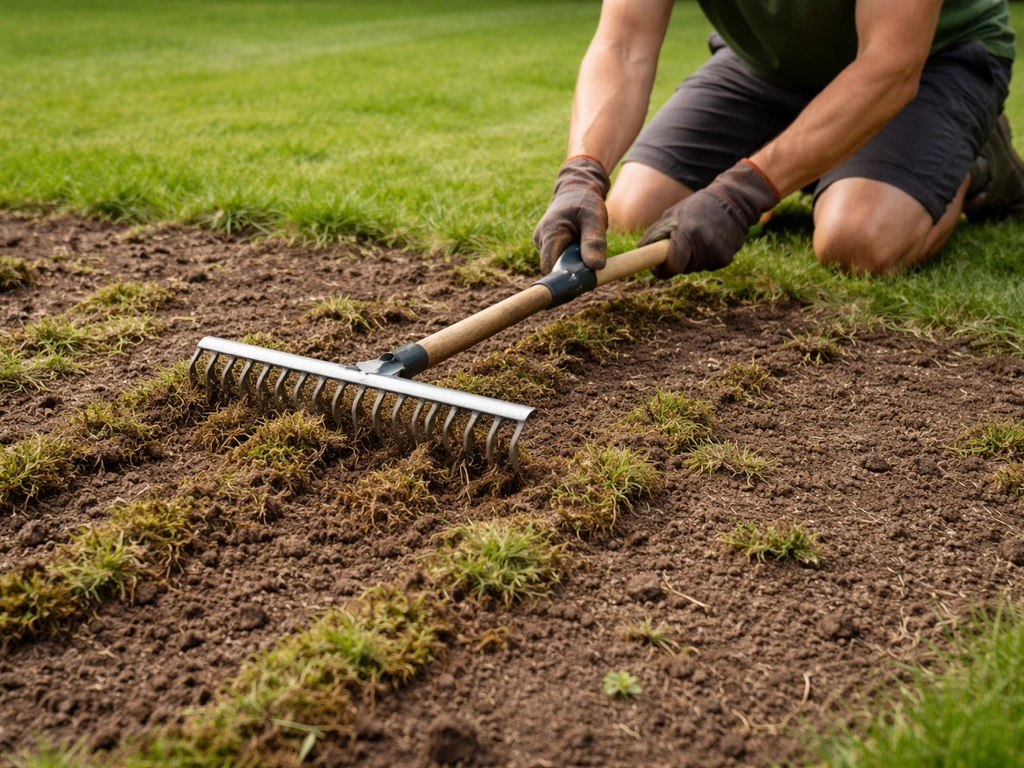 Tuinman die met een verticuteerhark de toplaag losmaakt en mos/onkruid verwijdert vóór het graszaaien.