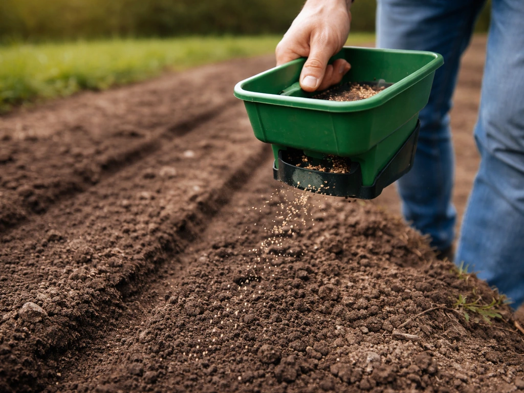 Hand strooit zaad gelijkmatig op kale grond; kleine zaadkorrels zijn zichtbaar op de bodem.