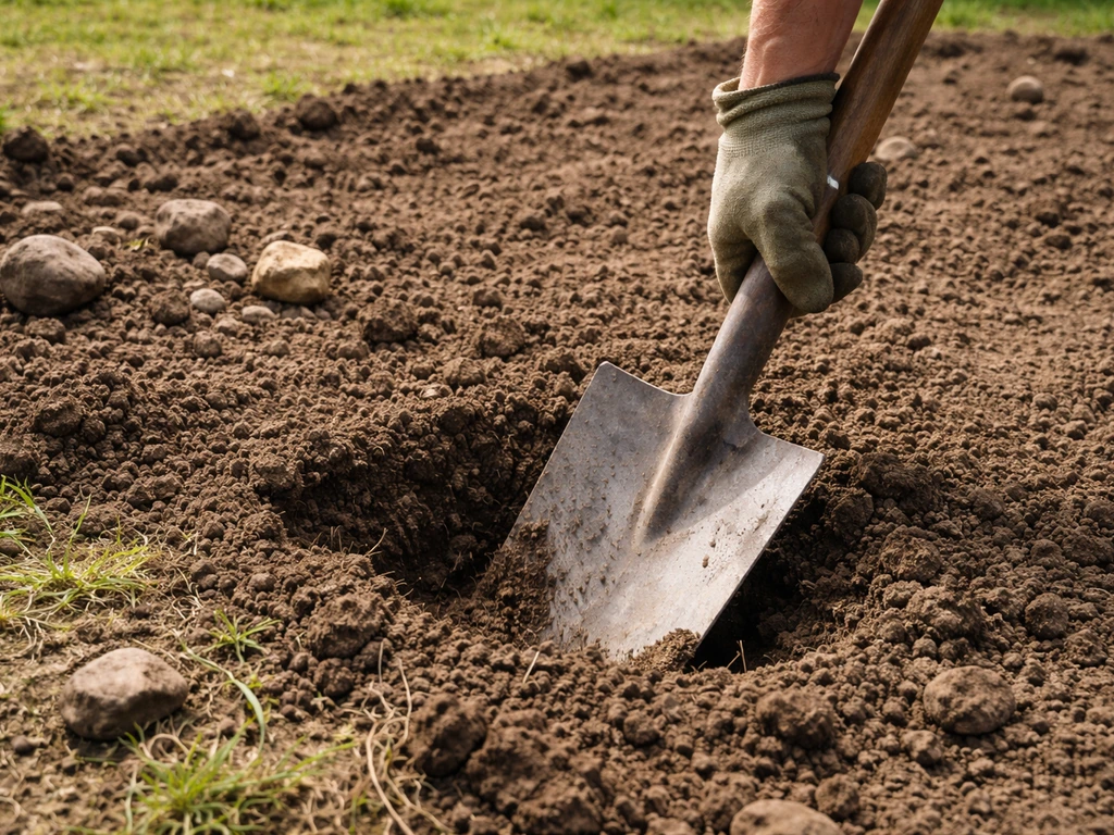 Omgespitte bodem bij een gazon: spade in de aarde met losgemaakte kluiten en verwijderde stenen.