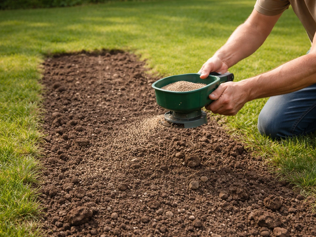 Voorbereide strook voor inzaaien: losgemaakte grond en strooien van graszaad met strooier