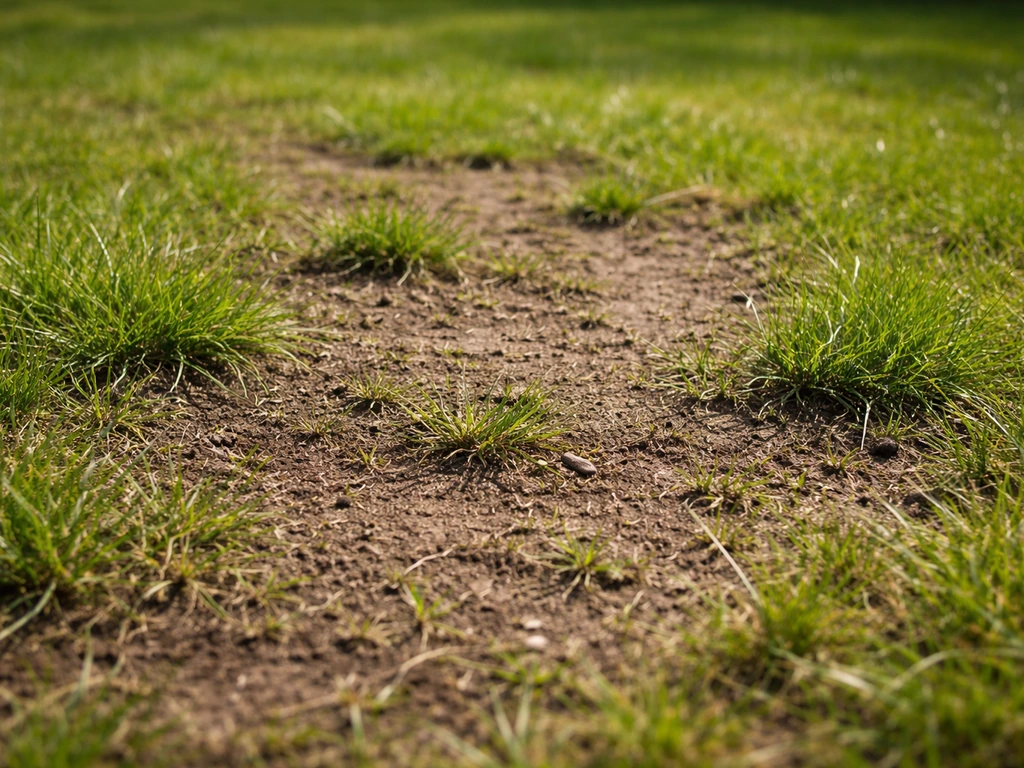 Detail van een gazon met kale plekken en dun gras, wat het verschil in herstel laat zien
