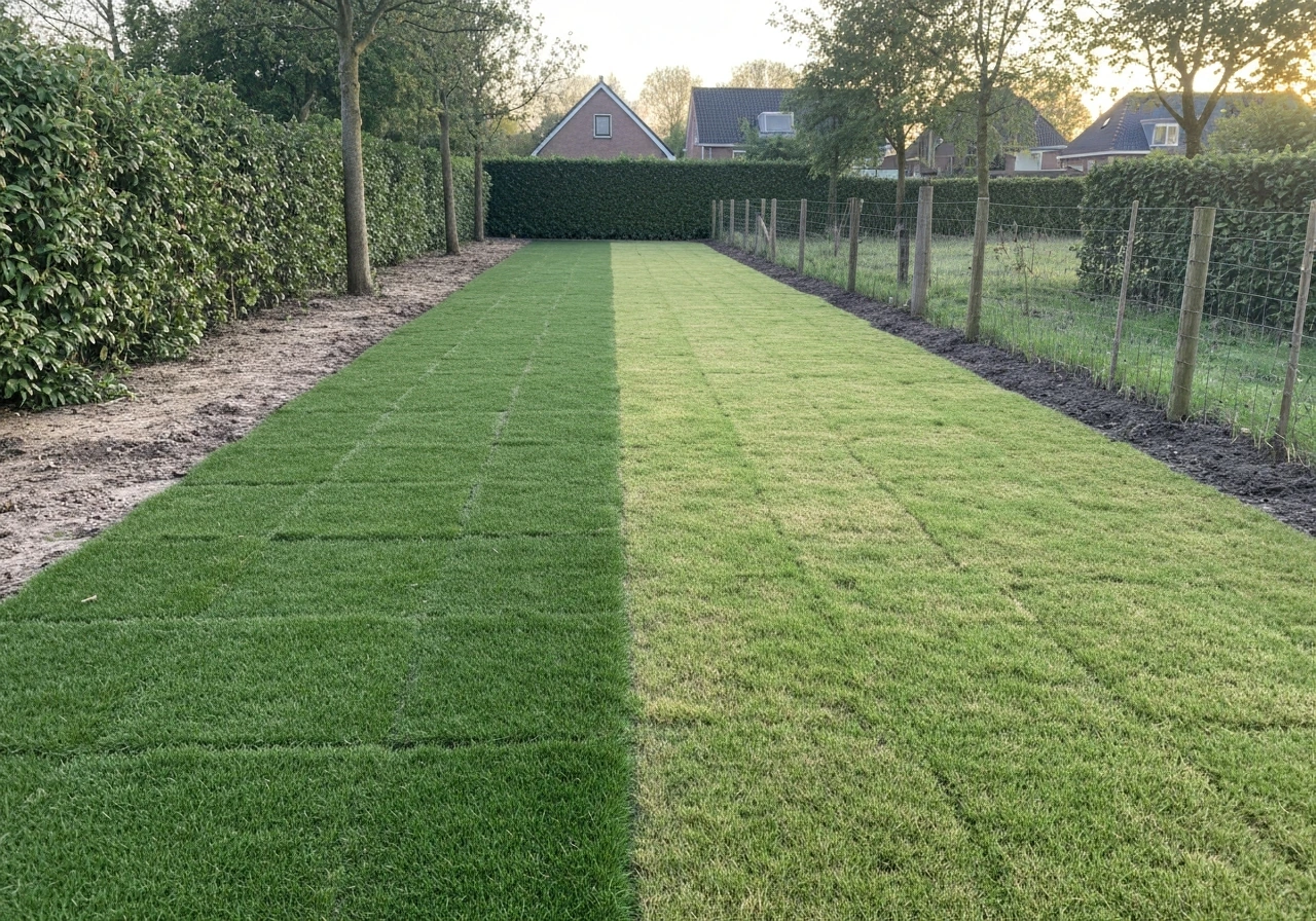 Gerenoveerd Nederlands gazon met zichtbare nieuwe ingezaaide en/of zode delen, strak en vers groen.