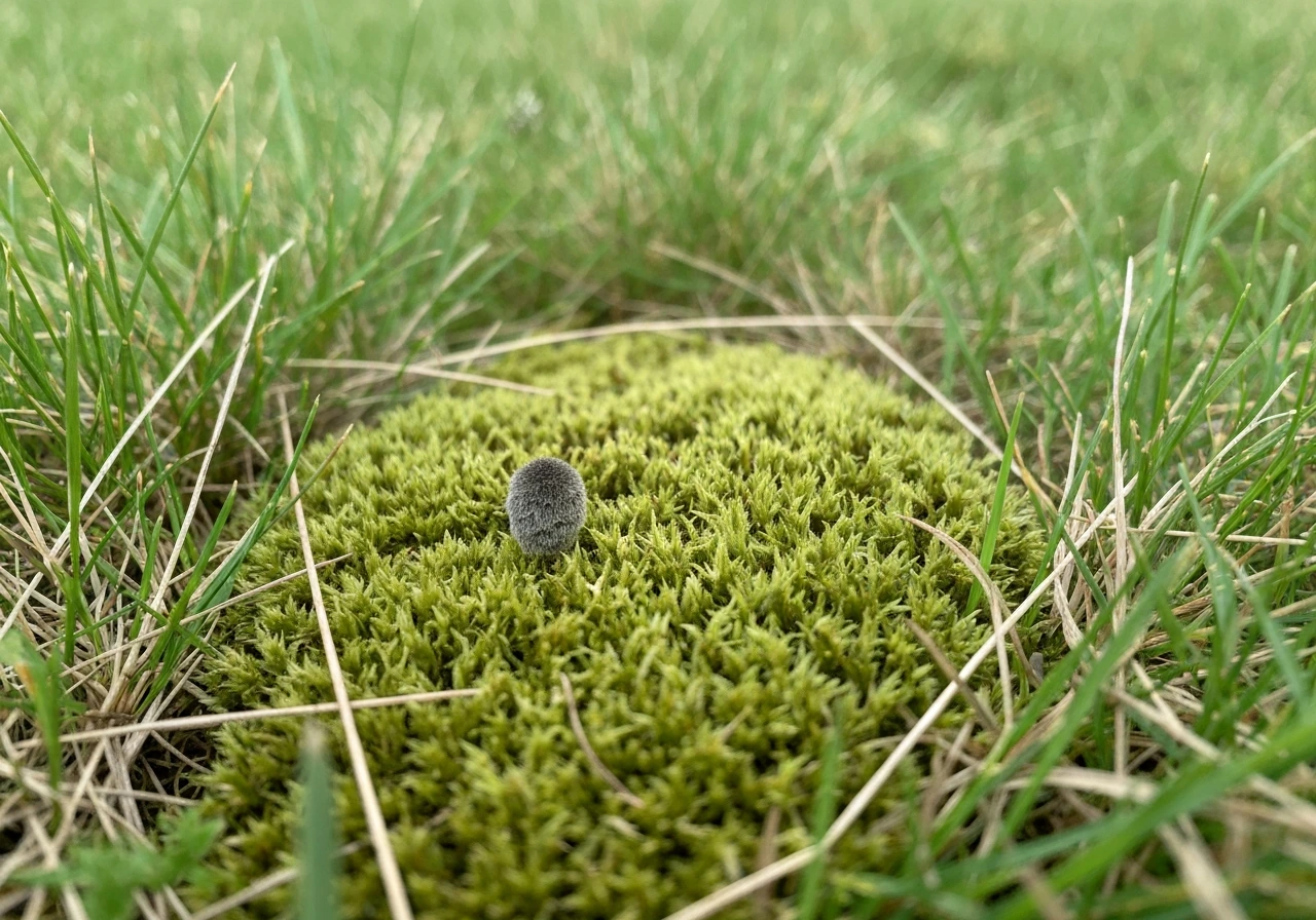 Mosplekken in een gazon met donker vochtige/verdichte zone en verdroogd gras eromheen.