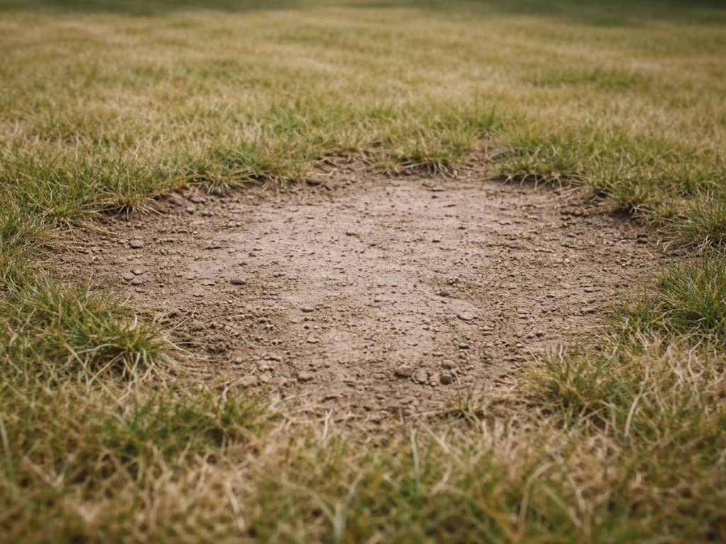 Onduidelijke kale plek in een gazon met duidelijk hard/verdicht oppervlak en ongelijk matje gras