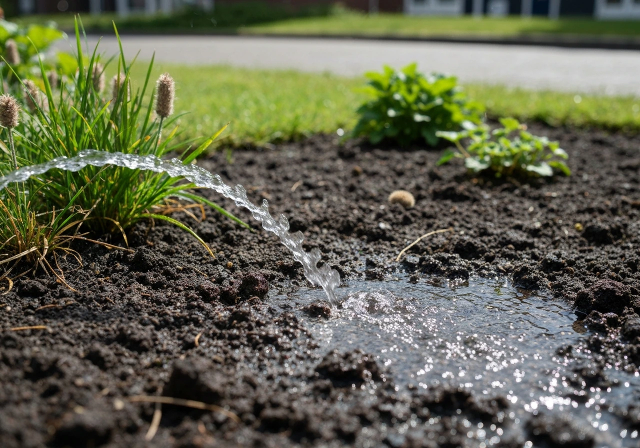 Tuin met vers doorgezaaid gras, kleine beregeningskop die licht water geeft bij kiemplanten