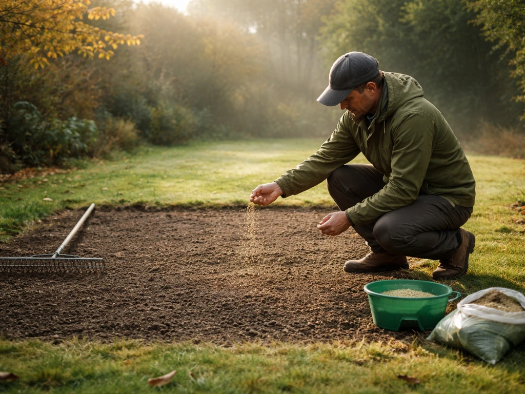 Knieende tuinier die in het najaar graszaad inzaait in een voorbereide strook grond onder fris herfstlicht.