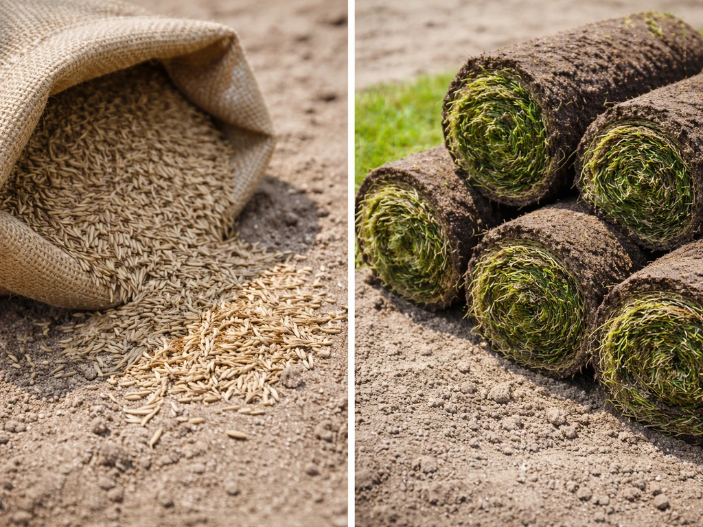 Links graszaad in zak en handvol korrels, rechts opgerolde grasmatten met ondergrond, naast elkaar.