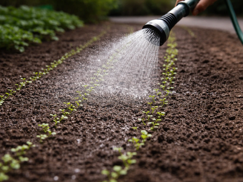Tuinslang met fijne sproeikop die vers zaaibed gelijkmatig besproeit in een tuin.