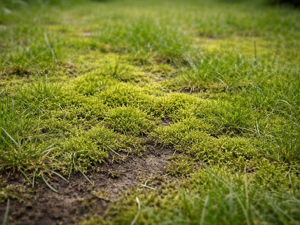 Close-up van een stukje gazon met duidelijk zichtbaar mos, met open plekken waar gras minder groeit.
