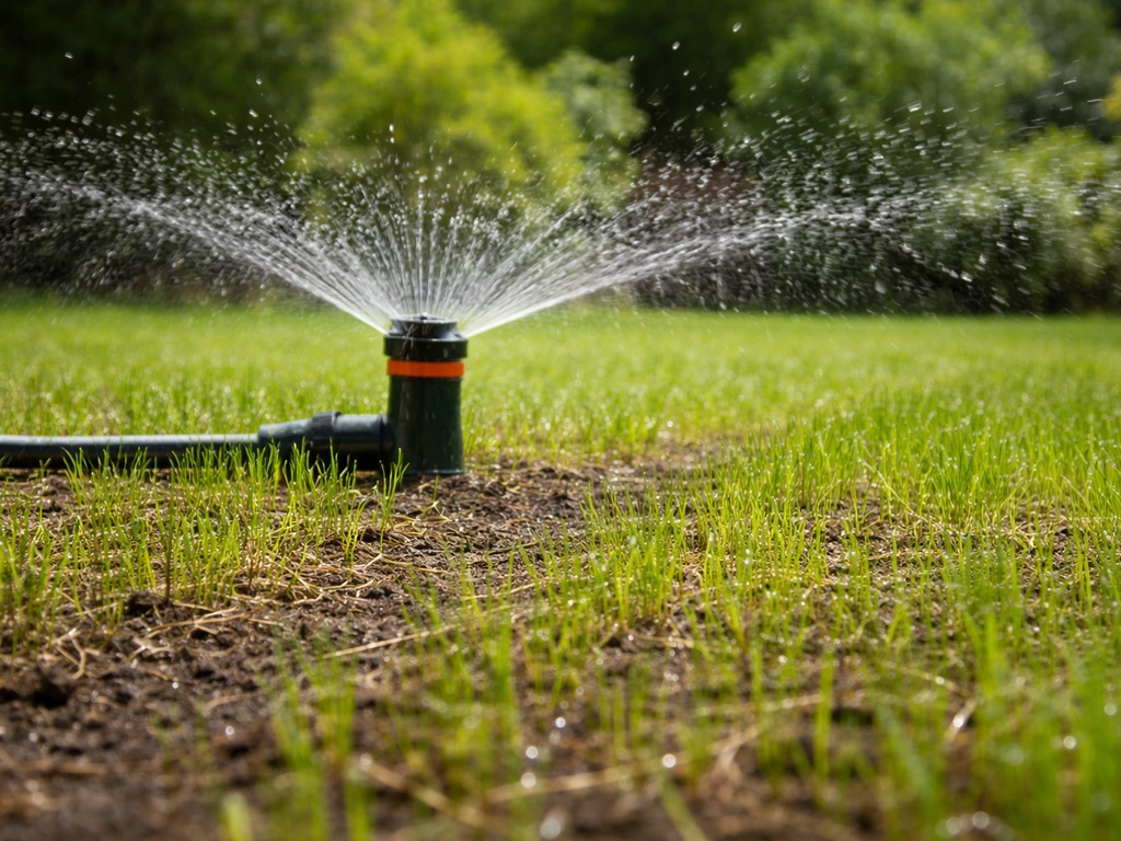 Een sproeier die versgezaaide plekken op het gazon gelijkmatig nat maakt met jonge grassprieten.