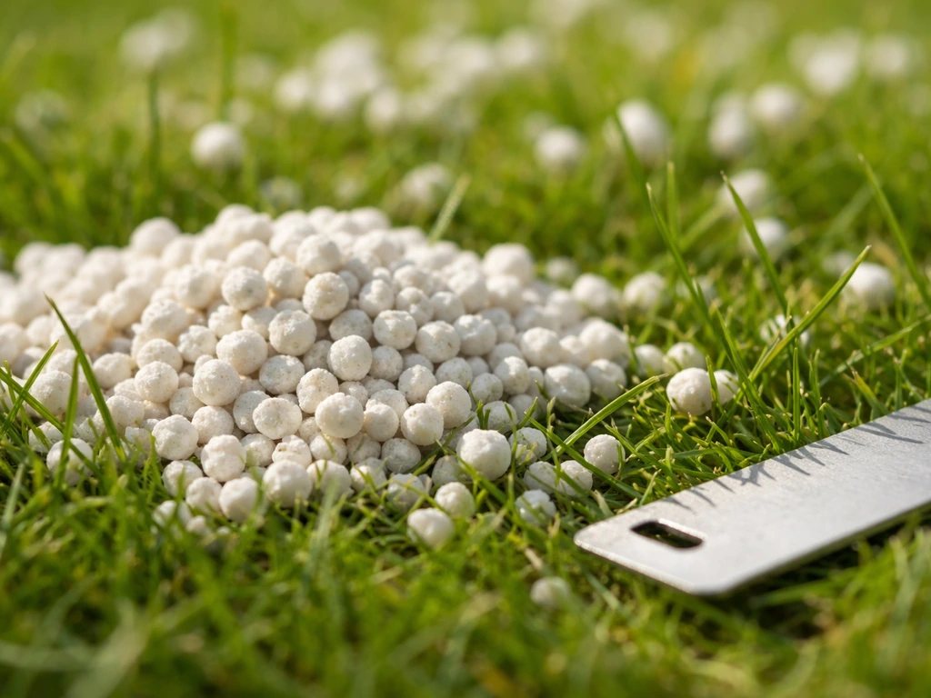 Witte kalkkorrels op een groen gazon, in close-up met een kleine meetliniaal in beeld.